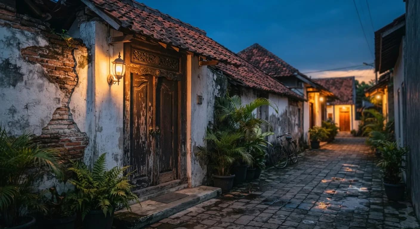 Quiet street in Kotagede Yogyakarta at twilight, old weathered wooden colonial doorway with warm terracotta tile roof, soft ambient lantern light.