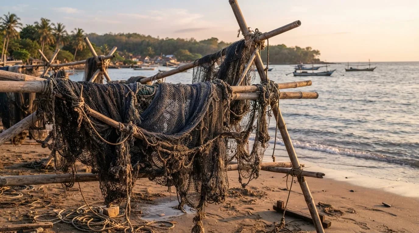 Fishing nets hanging to dry against weathered bamboo racks in Jepara coast, tangled organic ropes with sea salt encrustation, warm golden hour.