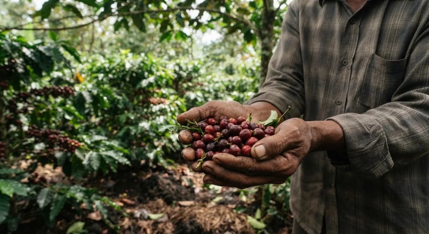 Farmer's calloused hands holding harvested aromatic coffee beans under shaded canopy in Temanggung plantation, rich dark soil and deep coffee cherries.