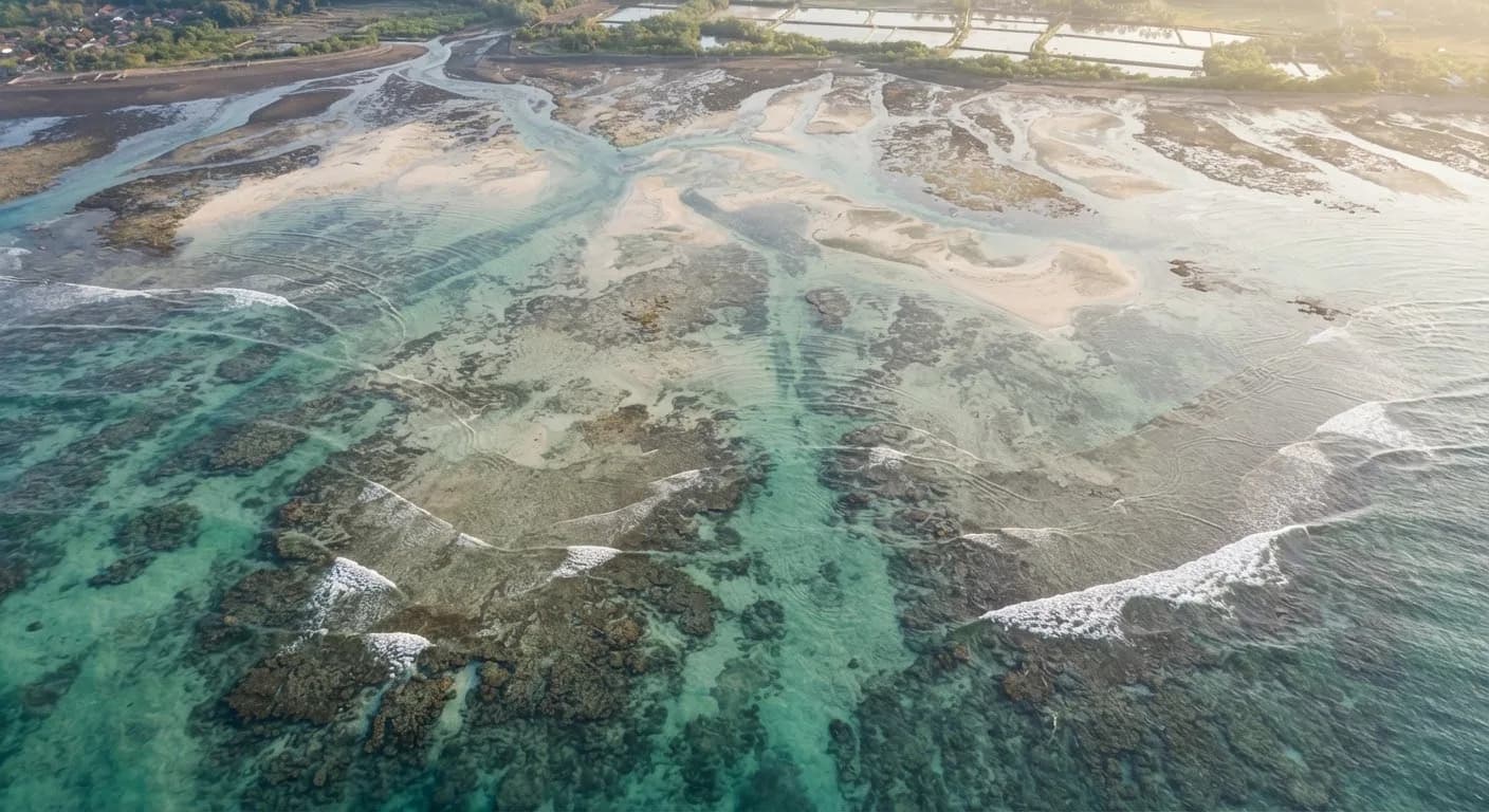 Expansive top-down aerial landscape of northern Central Java coastline showing natural coral shelf formations, sand bars emerging through jade and sea-glass water, subtle wave breakers and morning low tide patterns, crisp textures of water rippling over white mineral sands, calm and contemplative fine art aerial composition.