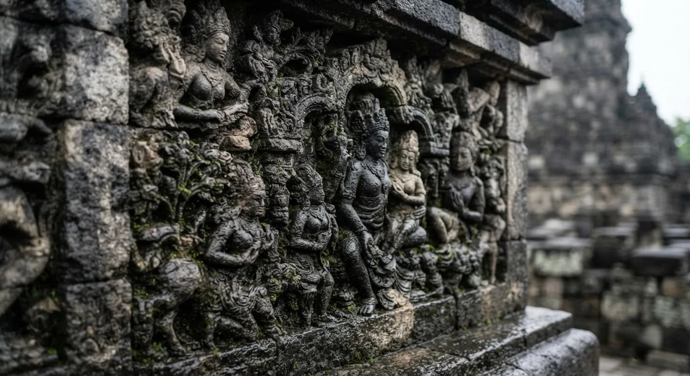 Close-up detail of ancient carved and weathered andesite stone temple relief at Prambanan, wet volcanic stone texture, moss in crevices, soft diffused natural light.