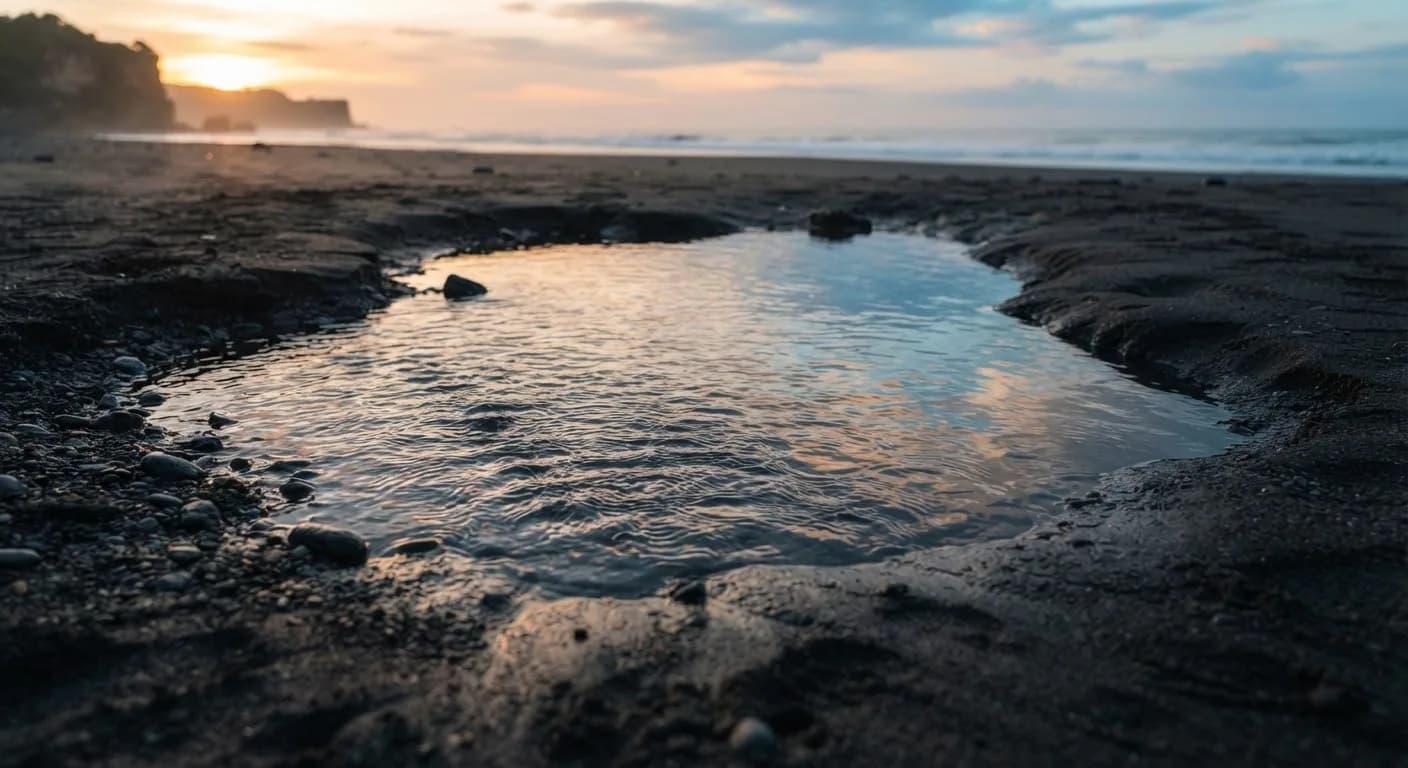 Rippled tide pool water on volcanic sand beach in Parangtritis at sunset, reflecting copper and soft sea blue sky, minimalist nature study.