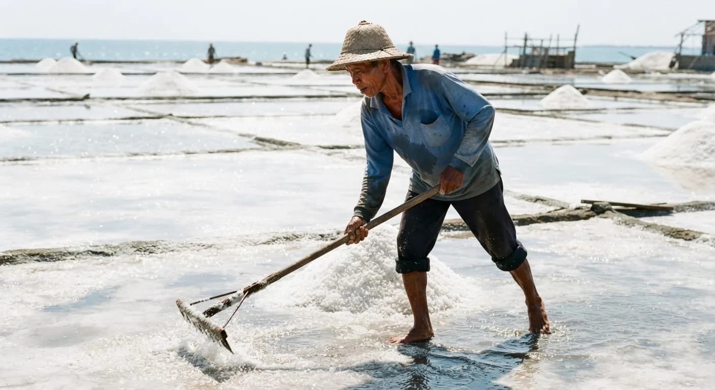 Documentary medium portrait and environment of salt worker raking white crystalline salt pools on the coast of Madura, intense bright natural daylight reflecting off salt crust, warm weathered skin, straw sun hat, sharp authentic 35mm grain.