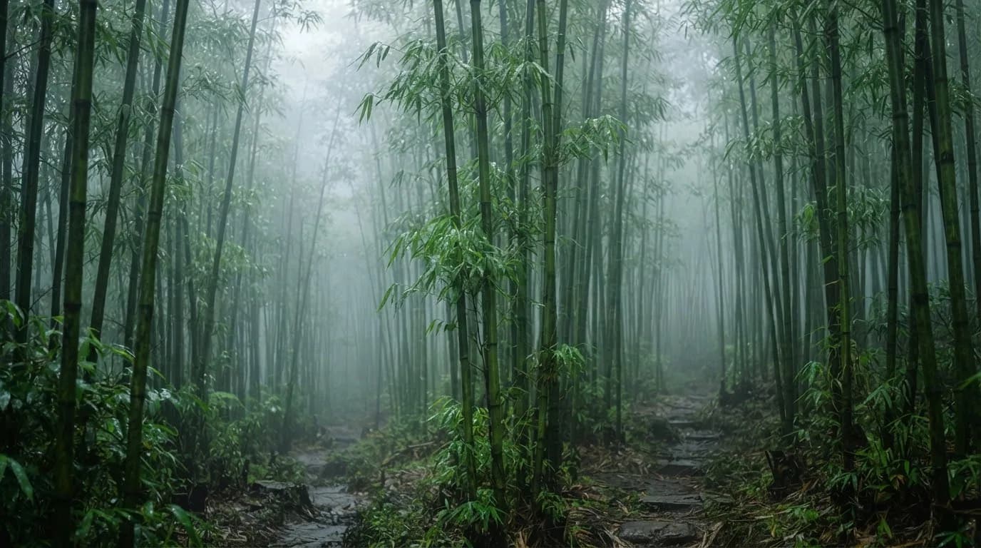 Fog rolling through tall slender bamboo grove near Mount Merbabu slope, ethereal silver grey mist between verdant green stalks.
